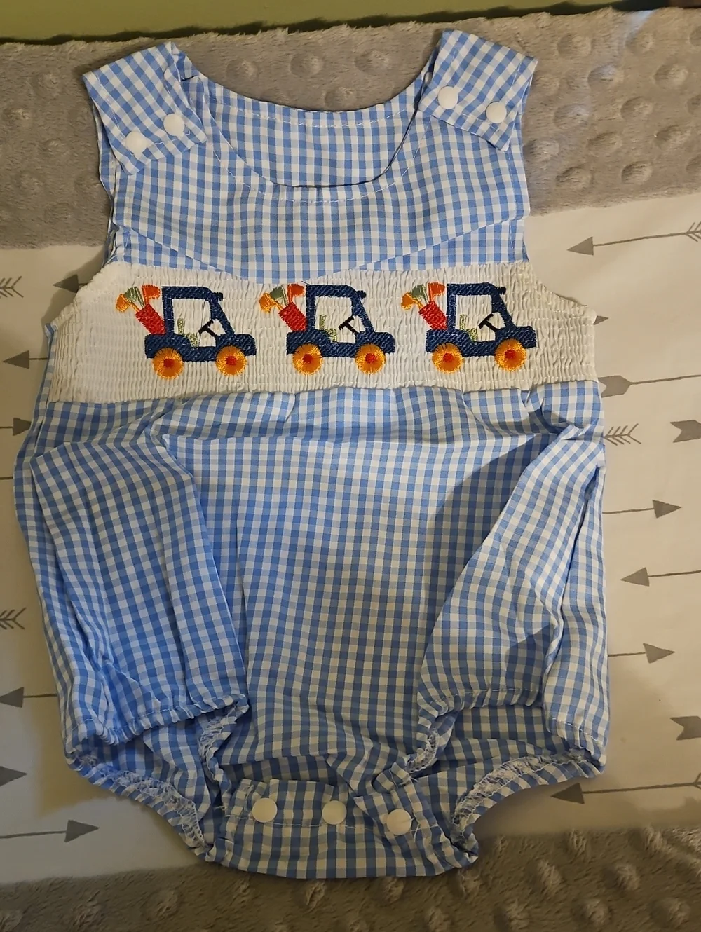 Blue Gingham Smocked Golf Cart Baby Bubble Romper 3-6months NWOT